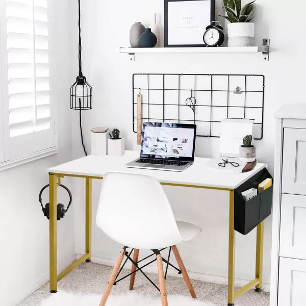 Lufeiya Small Computer Desk Study Table for Small Spaces Home Office 31 Inch Rustic Student Laptop PC Writing Desks with Storage Bag Headphone HookBrownWhite Gold