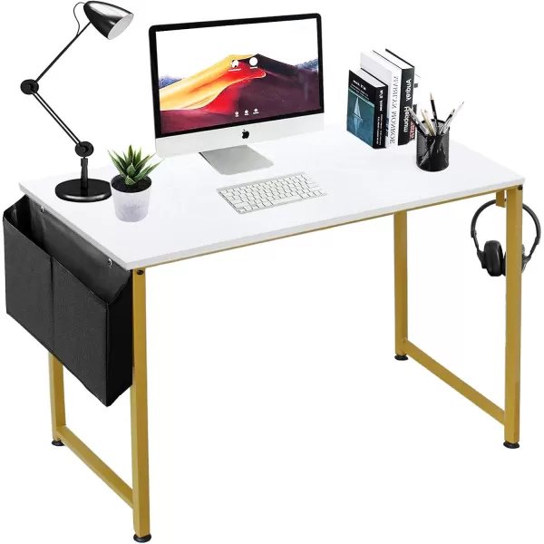 Lufeiya Small Computer Desk Study Table for Small Spaces Home Office 31 Inch Rustic Student Laptop PC Writing Desks with Storage Bag Headphone HookBrownWhite Gold