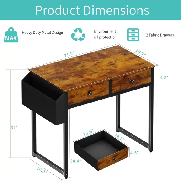 Lufeiya Small Computer Desk with 2 Drawers for Bedroom 31 Inch Home Office Desk with Storage Fabric Drawer and Bag Study Writing Table for Small Spaces Rustic BrownRustic Brown