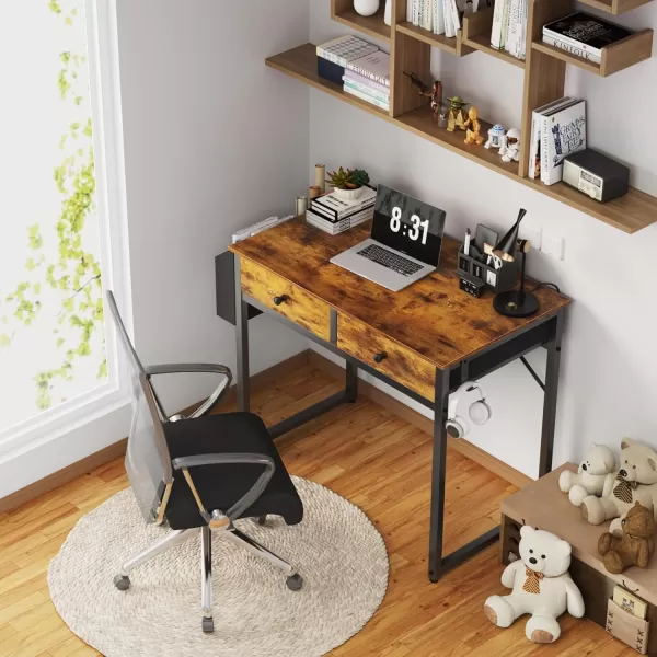 Lufeiya Small Computer Desk with 2 Drawers for Bedroom 31 Inch Home Office Desk with Storage Fabric Drawer and Bag Study Writing Table for Small Spaces Rustic BrownRustic Brown