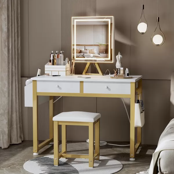 Lufeiya Small Makeup Vanity Desk with Fabric Drawers 32 inch White Vanity Desks with Mirror and Light Dressing Table and Chair Set with Power Outlet for Girls Bedroom WhiteWhite Gold