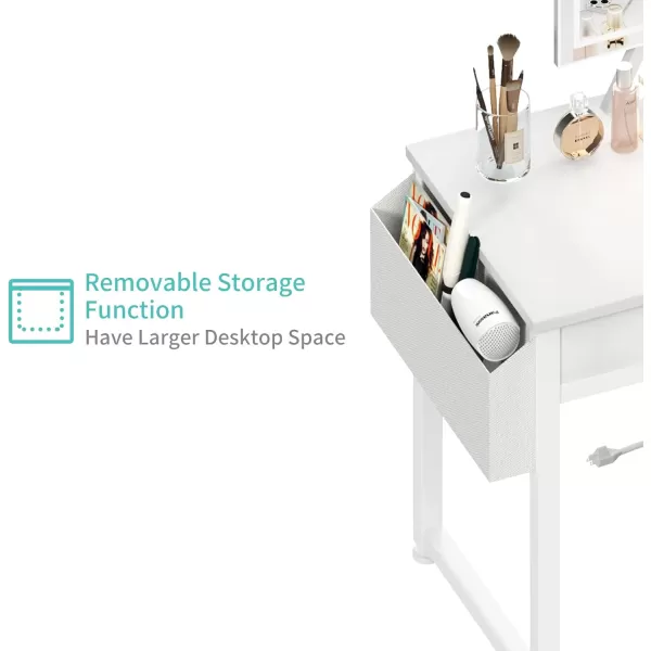 Lufeiya Small Makeup Vanity Desk with Fabric Drawers 32 inch White Vanity Desks with Mirror and Light Dressing Table and Chair Set with Power Outlet for Girls Bedroom WhiteWhite