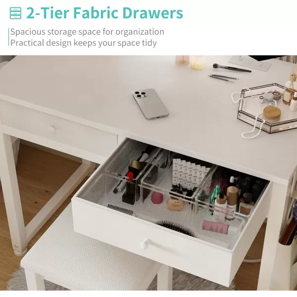 Lufeiya Small Makeup Vanity Desk with Fabric Drawers 32 inch White Vanity Desks with Mirror and Light Dressing Table and Chair Set with Power Outlet for Girls Bedroom WhiteWhite