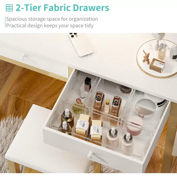 Lufeiya Small Makeup Vanity Desk with Fabric Drawers 32 inch White Vanity Desks with Mirror and Light Dressing Table and Chair Set with Power Outlet for Girls Bedroom WhiteWhite Gold