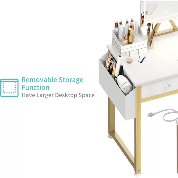 Lufeiya Small Makeup Vanity Desk with Fabric Drawers 32 inch White Vanity Desks with Mirror and Light Dressing Table and Chair Set with Power Outlet for Girls Bedroom WhiteWhite Gold