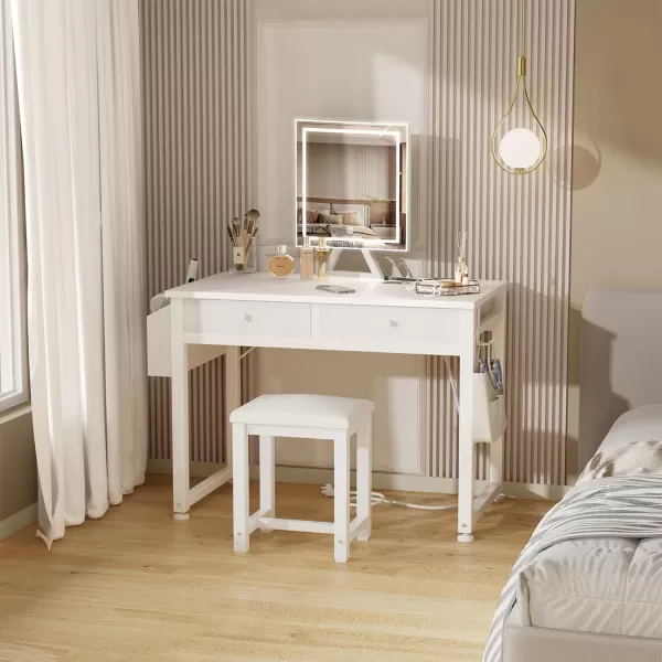 Lufeiya Small Makeup Vanity Desk with Fabric Drawers 32 inch White Vanity Desks with Mirror and Light Dressing Table and Chair Set with Power Outlet for Girls Bedroom WhiteWhite