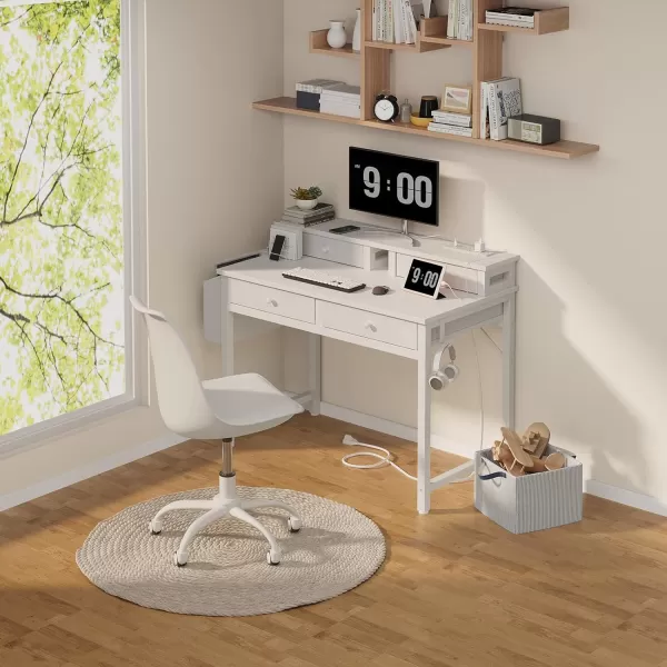 Lufeiya Small White Desk with Fabric Drawers for Bedroom 32 inch Vanity Makeup Desk with Drawers Storage for Home Office Writing Study Table with Power Outlet ampamp Monitor Stand WhiteWhite