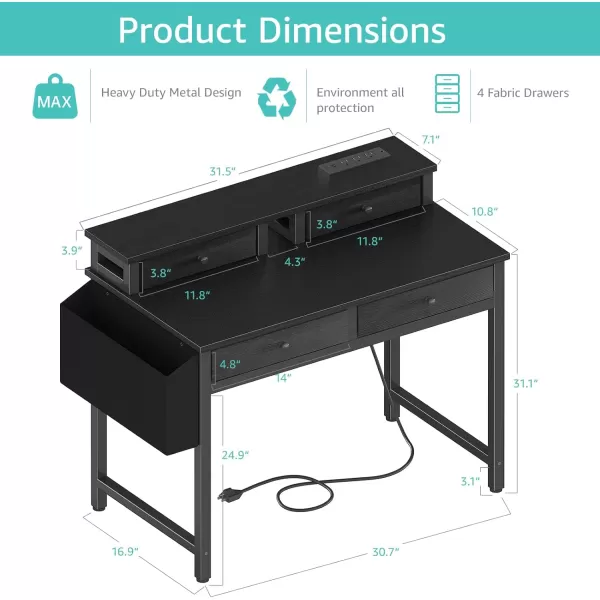 Lufeiya Small White Desk with Fabric Drawers for Bedroom 32 inch Vanity Makeup Desk with Drawers Storage for Home Office Writing Study Table with Power Outlet ampamp Monitor Stand WhiteBlack