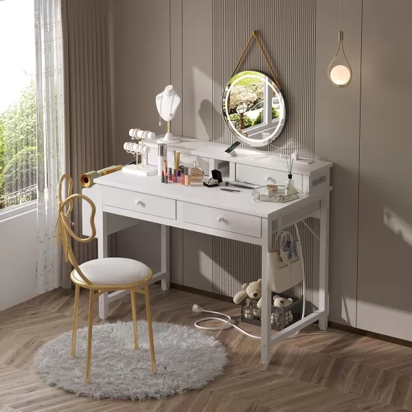 Lufeiya Small White Desk with Fabric Drawers for Bedroom 32 inch Vanity Makeup Desk with Drawers Storage for Home Office Writing Study Table with Power Outlet ampamp Monitor Stand WhiteWhite