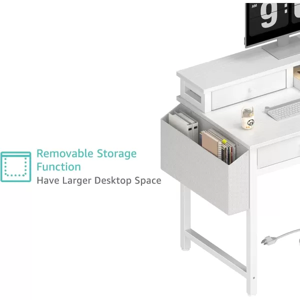 Lufeiya Small White Desk with Fabric Drawers for Bedroom 32 inch Vanity Makeup Desk with Drawers Storage for Home Office Writing Study Table with Power Outlet ampamp Monitor Stand WhiteWhite