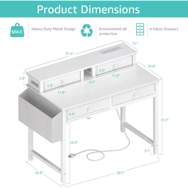 Lufeiya Small White Desk with Fabric Drawers for Bedroom 32 inch Vanity Makeup Desk with Drawers Storage for Home Office Writing Study Table with Power Outlet ampamp Monitor Stand WhiteWhite