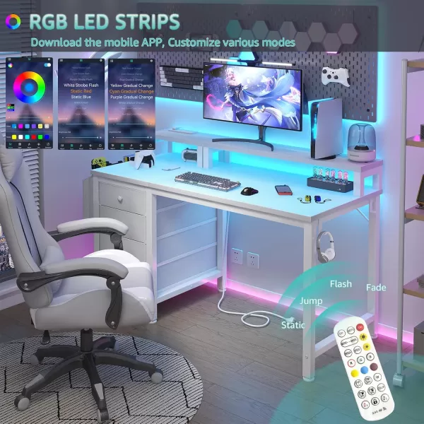 Lufeiya White Computer Desk with Fabric Drawers 47 inch Home Office Desk with Monitor Stand Gaming Desk with LED Lights and Power Outlets White