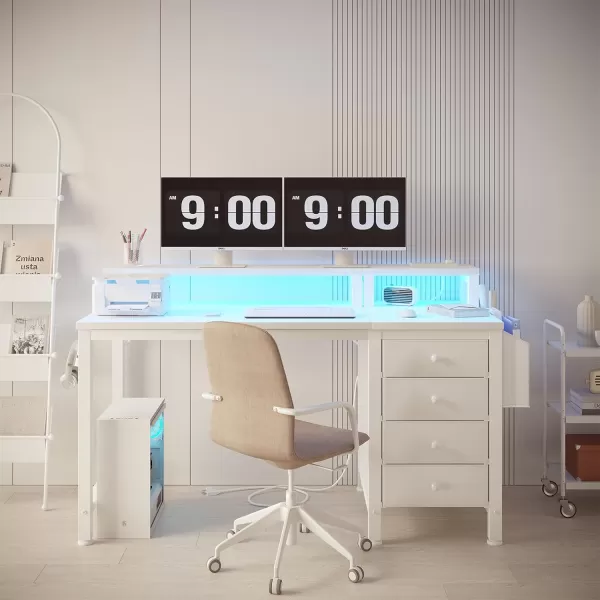 Lufeiya White Computer Desk with Fabric Drawers 47 inch Home Office Desk with Monitor Stand Gaming Desk with LED Lights and Power Outlets White