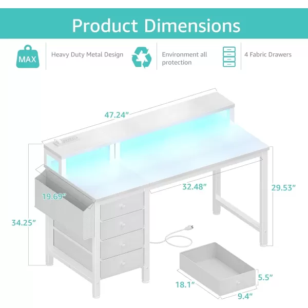 Lufeiya White Computer Desk with Fabric Drawers 47 inch Home Office Desk with Monitor Stand Gaming Desk with LED Lights and Power Outlets White