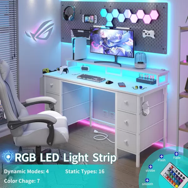Lufeiya White Computer Desk with Fabric Drawers ampamp Storage Shelves 47 inch Home Office Desk with Monitor Stand Gaming Desk with LED Lights and Power Outlets White