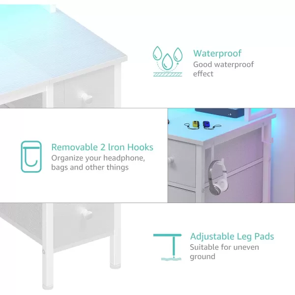Lufeiya White Computer Desk with Fabric Drawers ampamp Storage Shelves 47 inch Home Office Desk with Monitor Stand Gaming Desk with LED Lights and Power Outlets White