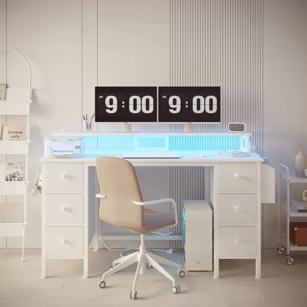 Lufeiya White Computer Desk with Fabric Drawers ampamp Storage Shelves 47 inch Home Office Desk with Monitor Stand Gaming Desk with LED Lights and Power Outlets White