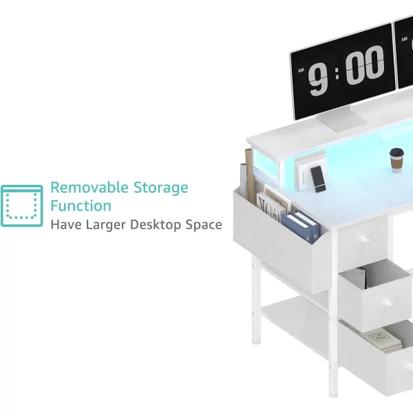 Lufeiya White Computer Desk with Fabric Drawers ampamp Storage Shelves 47 inch Home Office Desk with Monitor Stand Gaming Desk with LED Lights and Power Outlets White