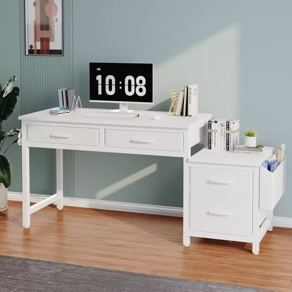 Lufeiya White Computer Desk with Fabric File Drawers Cabinet 40 Inch Home Office Desks with Filing Cabinet Printer Stand for Small Space Study Writing Table PC Desks WhiteWhite