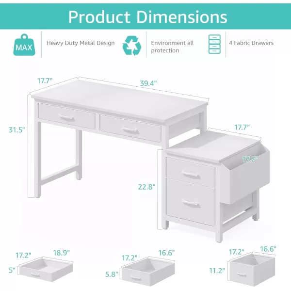 Lufeiya White Computer Desk with Fabric File Drawers Cabinet 40 Inch Home Office Desks with Filing Cabinet Printer Stand for Small Space Study Writing Table PC Desks WhiteWhite
