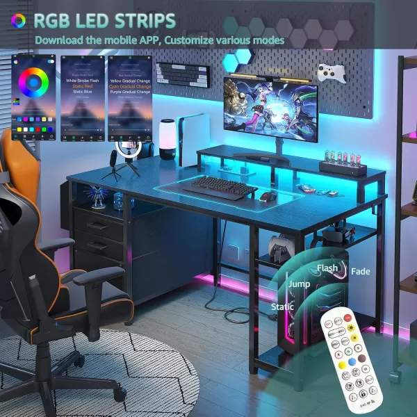 Lufeiya White Computer Desk with File Drawers Cabinet 55 Inch Home Office Desk with Monitor Stand Shelves Writing Study Gaming Desks with Led Lights and Power Outlets for Bedroom WhiteBlack