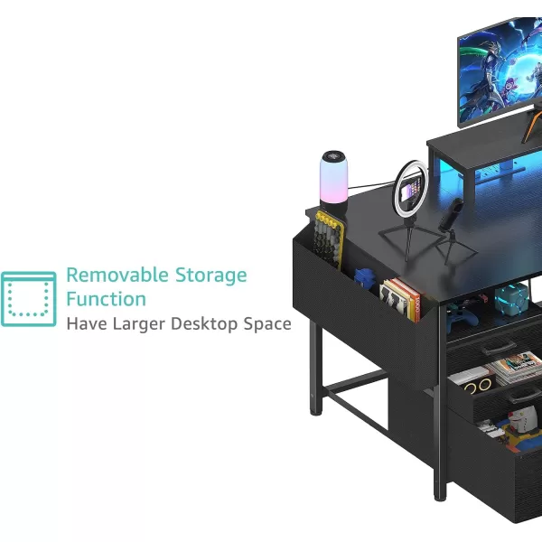 Lufeiya White Computer Desk with File Drawers Cabinet 55 Inch Home Office Desk with Monitor Stand Shelves Writing Study Gaming Desks with Led Lights and Power Outlets for Bedroom WhiteBlack