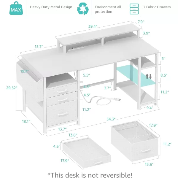 Lufeiya White Computer Desk with File Drawers Cabinet 55 Inch Home Office Desk with Monitor Stand Shelves Writing Study Gaming Desks with Led Lights and Power Outlets for Bedroom WhiteWhite