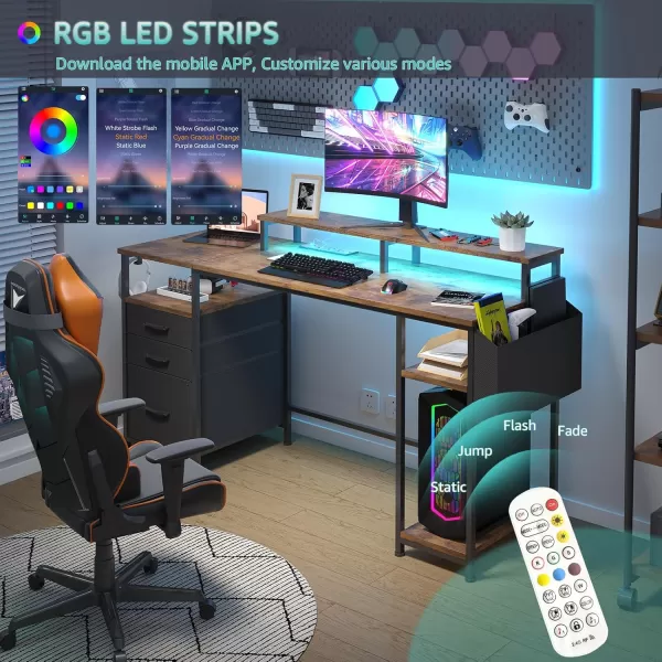 Lufeiya White Computer Desk with File Drawers Cabinet 55 Inch Home Office Desk with Monitor Stand Shelves Writing Study Gaming Desks with Led Lights and Power Outlets for Bedroom WhiteRustic Brown