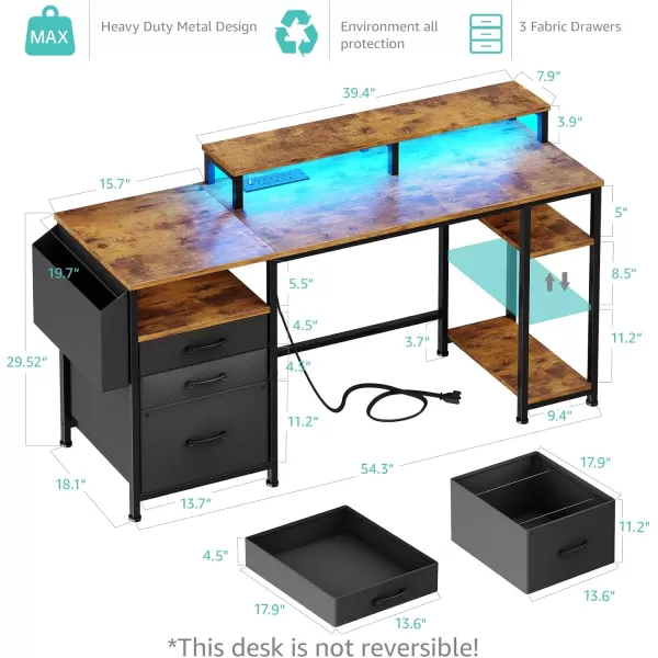 Lufeiya White Computer Desk with File Drawers Cabinet 55 Inch Home Office Desk with Monitor Stand Shelves Writing Study Gaming Desks with Led Lights and Power Outlets for Bedroom WhiteRustic Brown