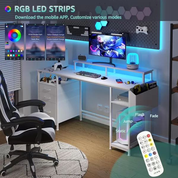 Lufeiya White Computer Desk with File Drawers Cabinet 55 Inch Home Office Desk with Monitor Stand Shelves Writing Study Gaming Desks with Led Lights and Power Outlets for Bedroom WhiteWhite