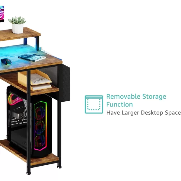 Lufeiya White Computer Desk with File Drawers Cabinet 55 Inch Home Office Desk with Monitor Stand Shelves Writing Study Gaming Desks with Led Lights and Power Outlets for Bedroom WhiteRustic Brown