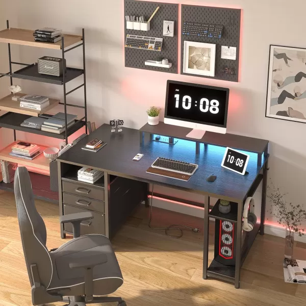 Lufeiya White Computer Desk with File Drawers Cabinet 55 Inch Home Office Desk with Monitor Stand Shelves Writing Study Gaming Desks with Led Lights and Power Outlets for Bedroom WhiteBlack
