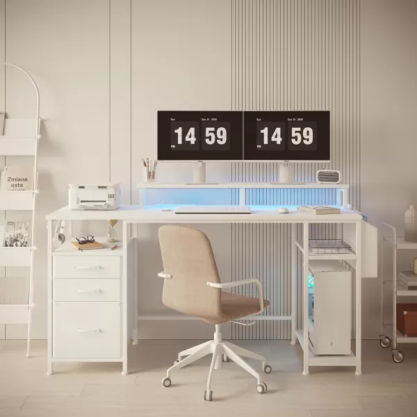 Lufeiya White Computer Desk with File Drawers Cabinet 55 Inch Home Office Desk with Monitor Stand Shelves Writing Study Gaming Desks with Led Lights and Power Outlets for Bedroom WhiteWhite