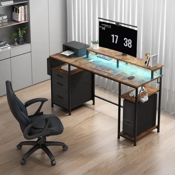 Lufeiya White Computer Desk with File Drawers Cabinet 55 Inch Home Office Desk with Monitor Stand Shelves Writing Study Gaming Desks with Led Lights and Power Outlets for Bedroom WhiteRustic Brown