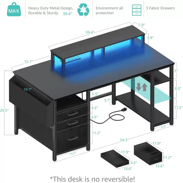 Lufeiya White Computer Desk with File Drawers Cabinet 55 Inch Home Office Desk with Monitor Stand Shelves Writing Study Gaming Desks with Led Lights and Power Outlets for Bedroom WhiteBlack