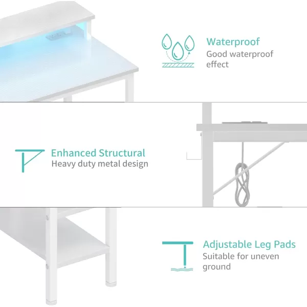 Lufeiya White Computer Desk with LED Lights and Power Outlets 40 Inch Home Office Desks with Monitor Stand Teen Writing Study Table Gaming Desk with Charging Station WhiteWhite