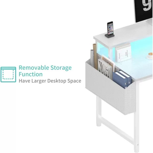 Lufeiya White Computer Desk with LED Lights and Power Outlets 40 Inch Home Office Desks with Monitor Stand Teen Writing Study Table Gaming Desk with Charging Station WhiteWhite