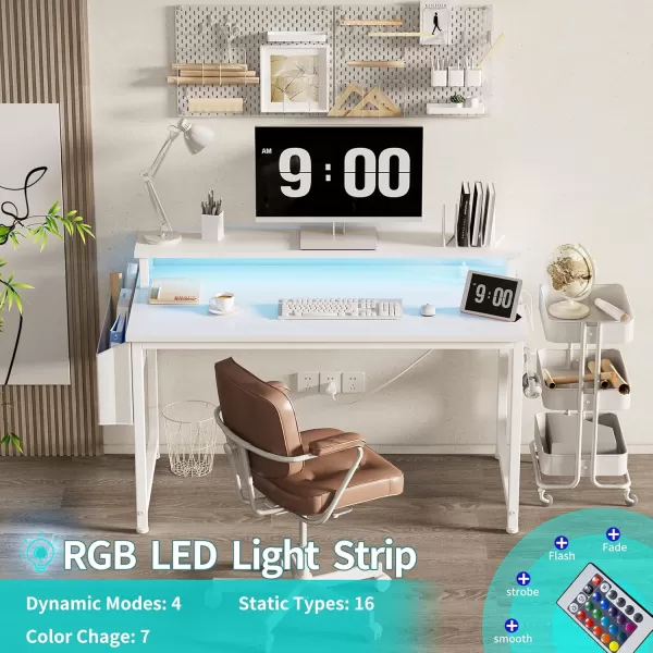 Lufeiya White Computer Desk with LED Lights and Power Outlets 40 Inch Home Office Desks with Monitor Stand Teen Writing Study Table Gaming Desk with Charging Station WhiteWhite