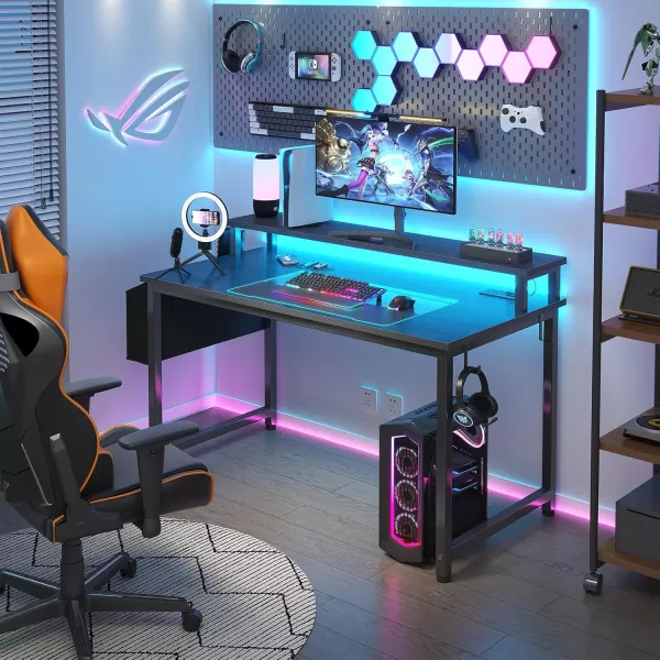 Lufeiya White Computer Desk with LED Lights and Power Outlets 40 Inch Home Office Desks with Monitor Stand Teen Writing Study Table Gaming Desk with Charging Station WhiteBlack