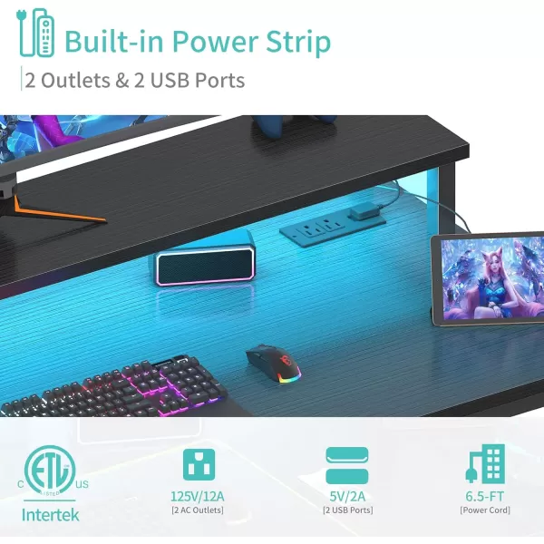 Lufeiya White Computer Desk with LED Lights and Power Outlets 40 Inch Home Office Desks with Monitor Stand Teen Writing Study Table Gaming Desk with Charging Station WhiteBlack