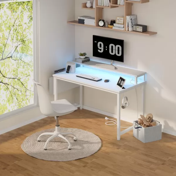 Lufeiya White Computer Desk with LED Lights and Power Outlets 40 Inch Home Office Desks with Monitor Stand Teen Writing Study Table Gaming Desk with Charging Station WhiteWhite