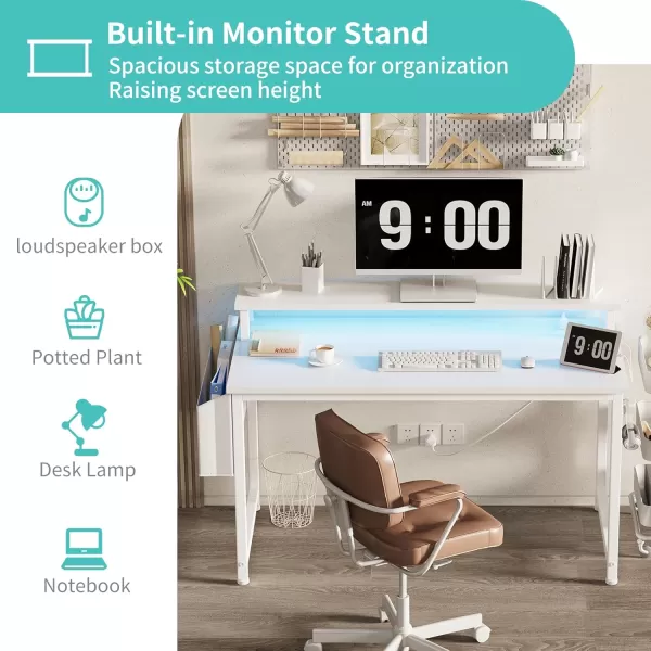 Lufeiya White Computer Desk with LED Lights and Power Outlets 40 Inch Home Office Desks with Monitor Stand Teen Writing Study Table Gaming Desk with Charging Station WhiteWhite