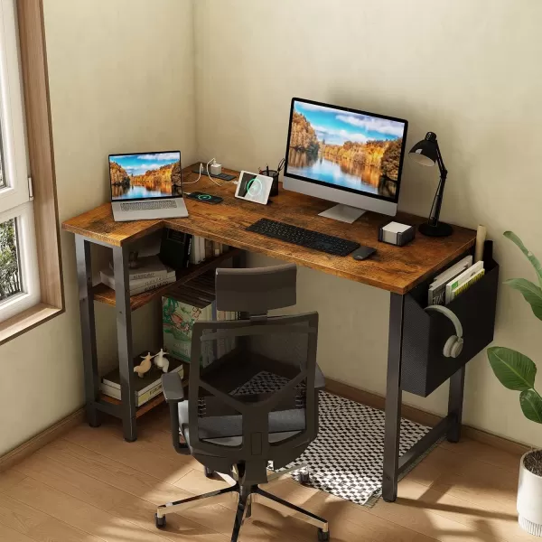Lufeiya White L Shaped Computer Desk with Power Outlet Shelves 40 Inch Small Corner Desk for Small Space Home Office LShaped Desk PC Desks WhiteRustic Brown