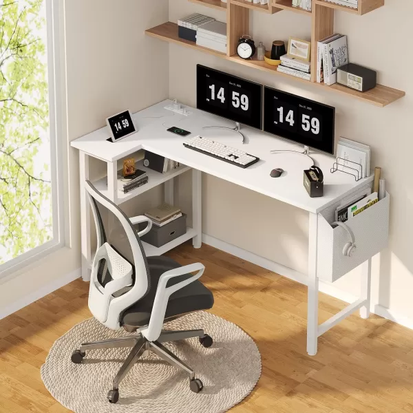 Lufeiya White L Shaped Computer Desk with Power Outlet Shelves 40 Inch Small Corner Desk for Small Space Home Office LShaped Desk PC Desks WhiteWhite