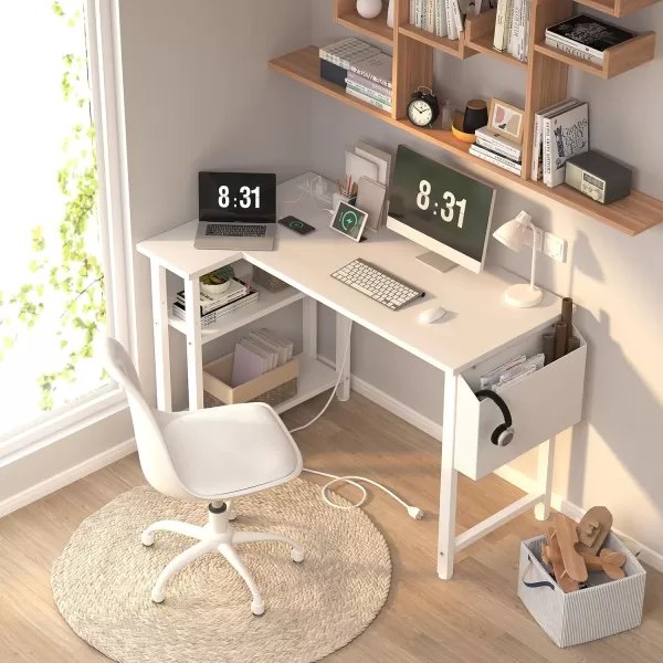 Lufeiya White L Shaped Computer Desk with Power Outlet Shelves 40 Inch Small Corner Desk for Small Space Home Office LShaped Desk PC Desks WhiteWhite