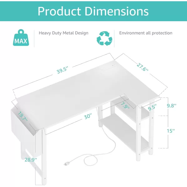 Lufeiya White L Shaped Computer Desk with Power Outlet Shelves 40 Inch Small Corner Desk for Small Space Home Office LShaped Desk PC Desks WhiteWhite