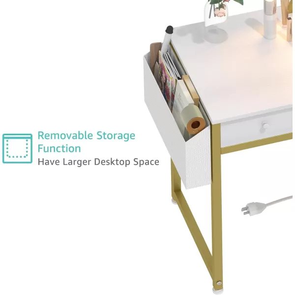 Lufeiya White Makeup Vanity Desk with Mirror and Lights 40 inch Make Up Vanity Desks with Fabric Drawers ampamp Charging Station Dressing Table and Chair Set for Bedroom Girls White GoldWhite Gold