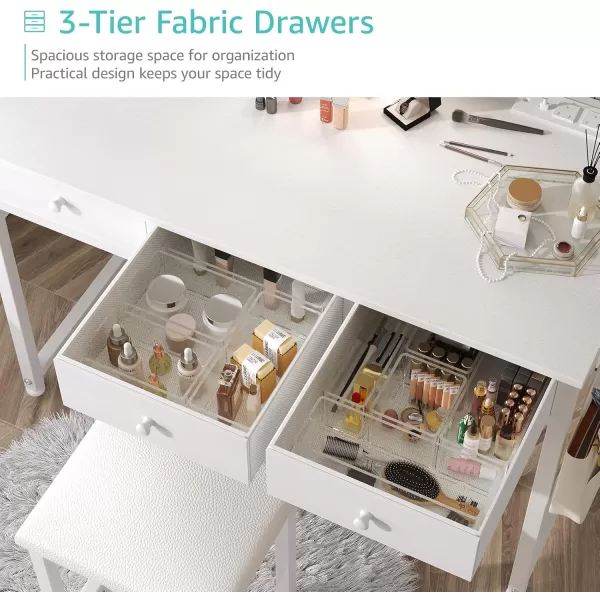 Lufeiya White Makeup Vanity Desk with Mirror and Lights 40 inch Make Up Vanity Desks with Fabric Drawers ampamp Charging Station Dressing Table and Chair Set for Bedroom Girls White GoldWhite