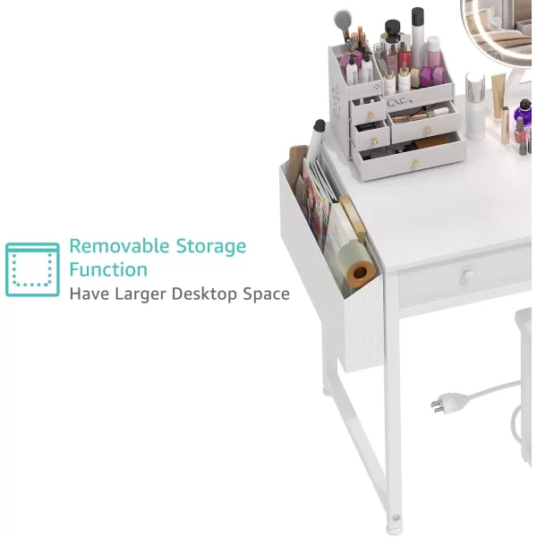 Lufeiya White Makeup Vanity Desk with Mirror and Lights 40 inch Make Up Vanity Desks with Fabric Drawers ampamp Charging Station Dressing Table and Chair Set for Bedroom Girls White GoldWhite