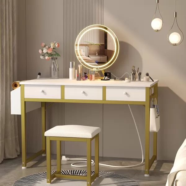 Lufeiya White Makeup Vanity Desk with Mirror and Lights 40 inch Make Up Vanity Desks with Fabric Drawers ampamp Charging Station Dressing Table and Chair Set for Bedroom Girls White GoldWhite Gold
